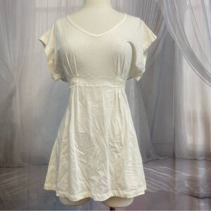 Y2K Women's Size L Large Babydoll Tie-Back Ivory V-Neck Top Short Sleeve Pleated